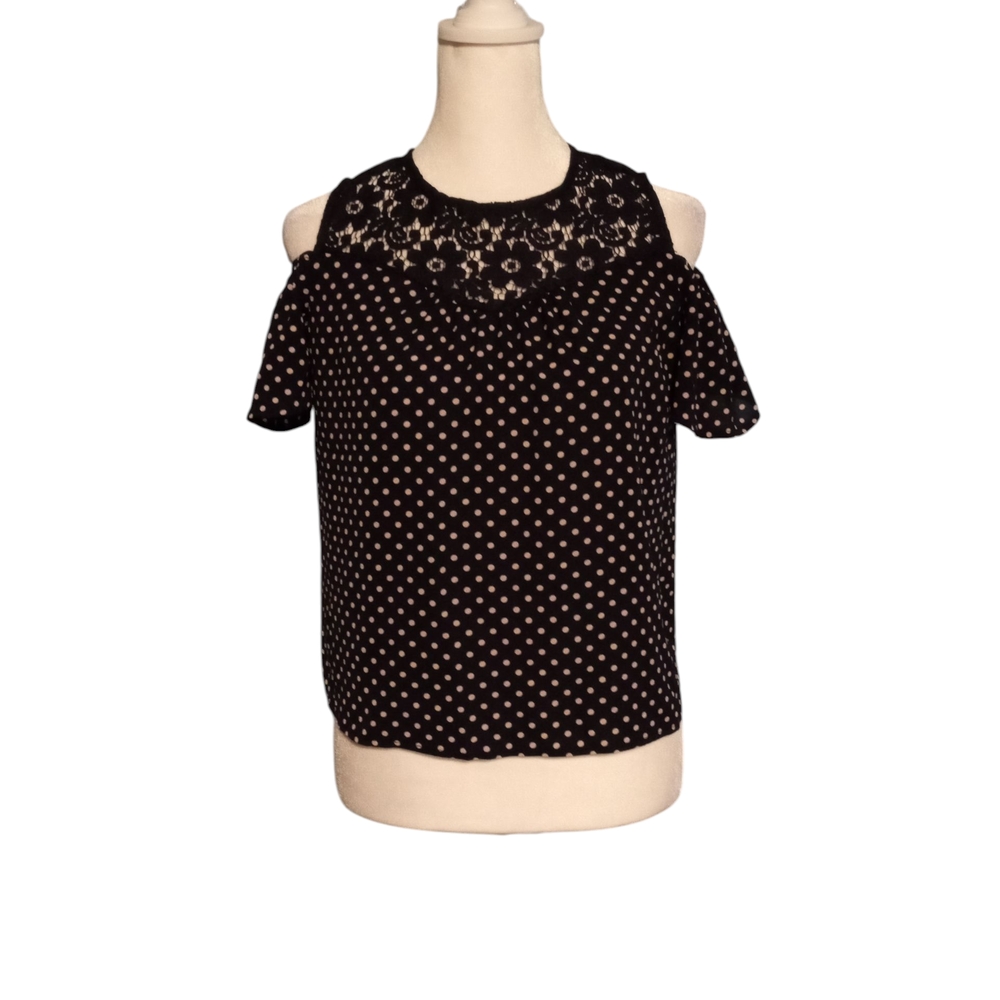 Monteau Girls Navy Blue  & Light Pink  Polka Dot Cold Shoulder Blouse W/ Lace